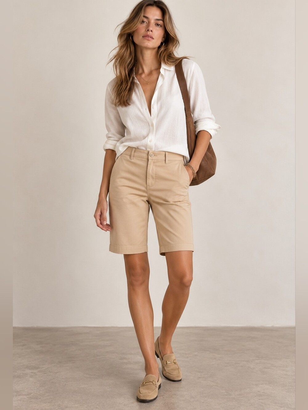 NWT TORY BURCH Bermuda Chino Khaki Shorts In Desert Sand Tan Size 25